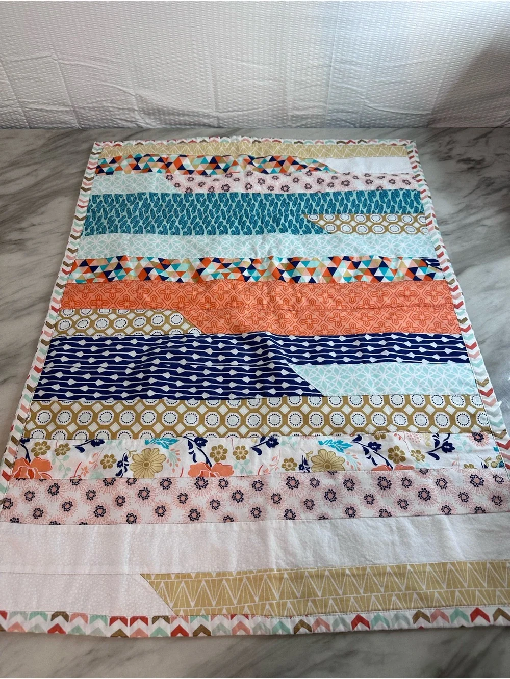 Striped Patchwork Cotton Quilt in Coral, Teal & Navy